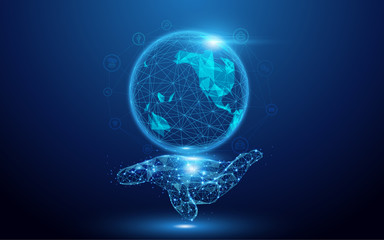 Aufkleber - Wireframe A Globe Map with social icons on hand sign mesh from a starry on blue background