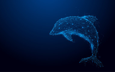 Wall Mural - Wireframe dolphin mesh from a starry on blue background