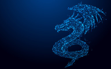 Wall Mural - Wireframe dragon mesh from a starry on blue background