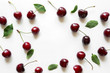 Creative fresh cherry pattern background with copy space. Isolated fruit.