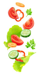 Poster - Isolated vegetables mix. Pieces of fresh tomato, cucumber, carrot, bell pepper and lettuce leaves (salad ingredients) in the air isolated on white background with clipping path
