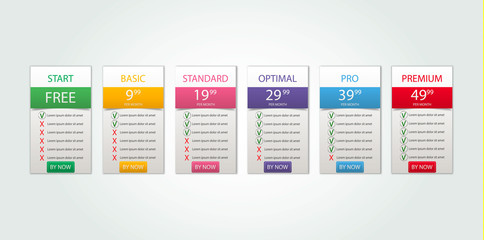 Poster - Six banners. Pricelist, hosting plans and web design boxes of banners. six banners for tariffs and price lists. Web elements. Plan the hosting. design for a web application.