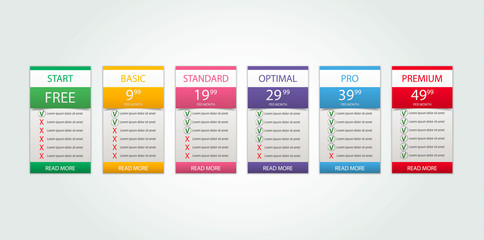 Poster - Six banners. Pricelist, hosting plans and web design boxes of banners. six banners for tariffs and price lists. Web elements. Plan the hosting. design for a web application.