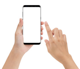 Aufkleber - close-up hand hold and touching on phone mobile isolated white background