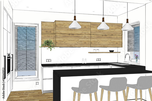 3d Rendering Modern Kitchen Furniture Design In Light Interior