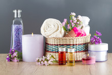 Essential Oils, Sea Salt, Handmade Soap, Towels And Flowers.Spa Concept