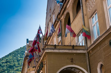 European Flags On The Old Hotel.