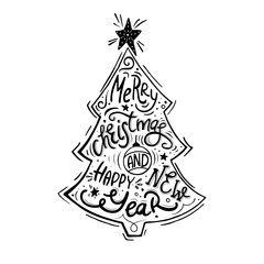 Wall Mural - Vintage poster with Christmas tree and hand lettering on New Year's wishes with various decorations - unique hand drawn lettering. Holiday black and white card.