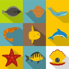 Wall Mural - Underwater animal icon set, flat style