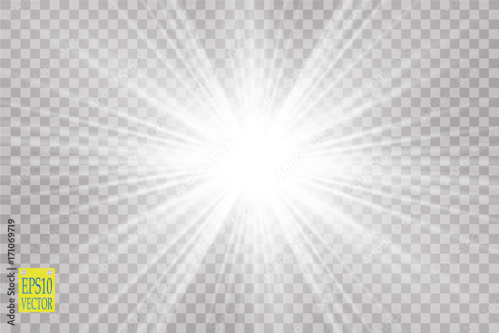 Glow light effect. Starburst with sparkles on transparent background. Vector illustration. - obrazy, fototapety, plakaty 