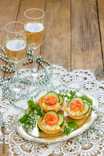 Christmas Snack On The Festive Table Tartlets With Salad