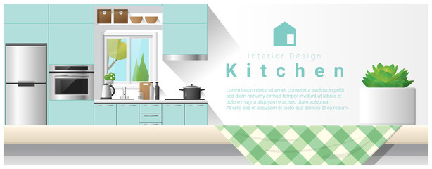 Interior design with table top and Modern kitchen background , vector , illustration