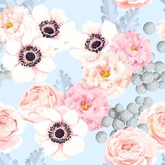 Wall Mural - Seamless pattern with eustoma and roses