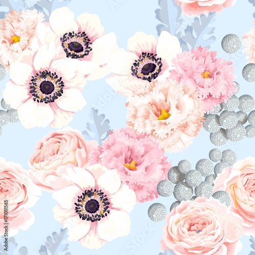 Cotton fabric Seamless pattern with eustoma and roses