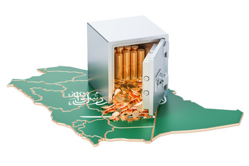 Poster - Safe box with golden coins on the map of Saudi  Arabia, 3D rendering