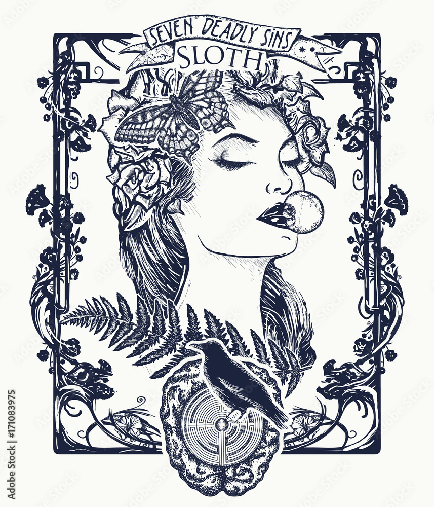 Fototapeta Sloth Seven Deadly Sins Tattoo And T Shirt Design Lazy Woman Symbol Of Inaction Apathy Idleness Melancholy Depression Boredom Seven Mortal Sins Sloth Sleeping Missing Beautiful Girl Tattoo Fototapeta Na Wymiar Fototapeta Sloth Seven Deadly Sins Tattoo And T Shirt Design Lazy Woman Symbol Of Inaction Apathy Idleness Melancholy Depression Boredom Seven Mortal Sins Sloth Sleeping Missing Beautiful Girl Tattoo Fototapeta Na Wymiar