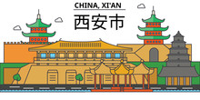China, Xi'an. City Skyline: Architecture, Buildings, Streets, Silhouette, Landscape, Panorama, Landmarks. Editable Strokes. Flat Design Line Vector Illustration Concept. Isolated Icons