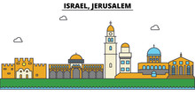 Israel, Jerusalem. City Skyline: Architecture, Buildings, Streets, Silhouette, Landscape, Panorama, Landmarks. Editable Strokes. Flat Design Line Vector Illustration Concept. Isolated Icons