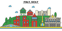 Italy, Sicily. City Skyline: Architecture, Buildings, Streets, Silhouette, Landscape, Panorama, Landmarks. Editable Strokes. Flat Design Line Vector Illustration Concept. Isolated Icons