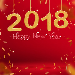 Poster - 2018 Happy new year gold color and confetti hanging at red studio room,Hoilday greeting card,Mock up for display or montage of product (3d rendering)