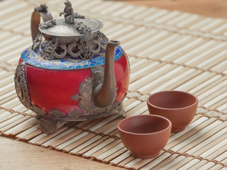 Wall Mural - Vintage Chinese teapot made of old jade and Tibet silver with monkey lid