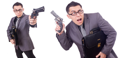 Wall Mural - Funny businessman with gun on white