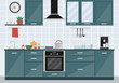 Kitchen room interior with appliances and furniture. Home art. Flat style vector illustration.