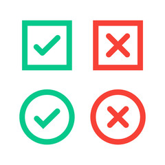 Canvas Print - Green tick and red cross checkmarks in circle and square flat icons.