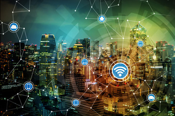 Poster - urban cityscape and Internet of Things concept. abstract mixed media.