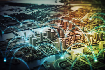 Aufkleber - Miniature model city and communication network concept. IoT(Internet of Things). ICT(Information communication network). abstract mixed media.