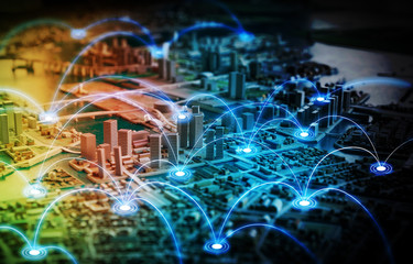 Aufkleber - Miniature model city and communication network concept. IoT(Internet of Things). ICT(Information communication network). abstract mixed media.