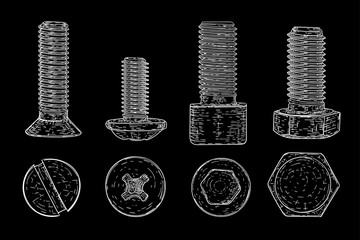 Sticker - Metal bolts and screws. Hand drawn sketch on black background