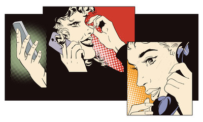 Wall Mural - Collage on theme communication. Girl with telephone. Stock illustration.