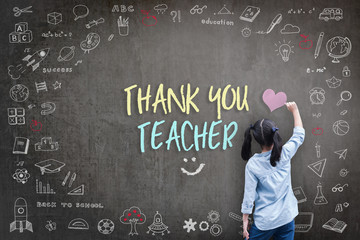 Thank You Teacher greeting for World teacher's day concept with school student back view drawing doodle of of learning education graphic freehand illustration icon on black chalkboard