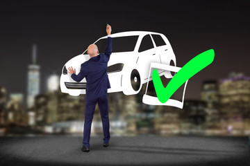 Poster - Business man in front of a wall with a Verified car ready to go - transportation and travel concept
