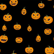 Seamless Halloween Pattern With Carved Pumpkinst. Jack-o-lantern. Vector Illustration, Isolated On Black Background. Fabric Print Design.
