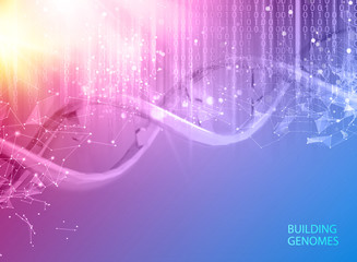 Scince illustration of bigdata with DNA molecule. Abstract binary code in matrix style over violet background. Dna bigdata visualization. Vector illustration.