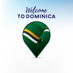 Wall Mural - Flag of Dominica in shape of map pointer or marker. Welcome to Dominica. Vector illustration.