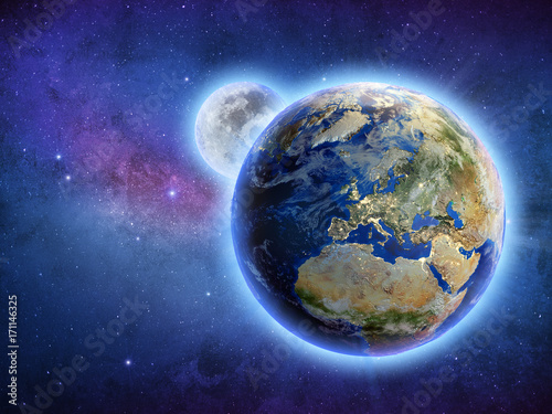 Plakat Galaxy wszechświata planeta Ziemia i Księżyc renderowania 3d
