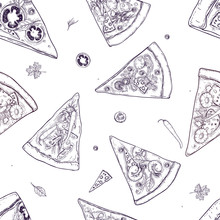 Monochrome Seamless Pattern With Slices Of Different Pizza Types And Ingredients Scattered Around On White Background. Vector Illustration For Restaurant Or Pizzeria Menu, Delivery Service.