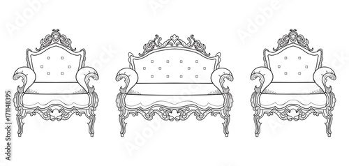 Armchair furniture with luxurious ornaments. Vector French Luxury rich intric...