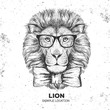 Hipster animal lion. Hand drawing Muzzle of lion