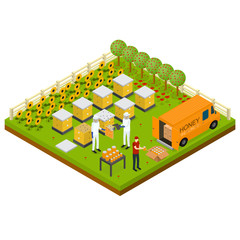 Poster - Beekeeping Apiary Farm Isometric Concept Isometric View. Vector