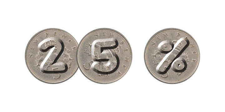 25 %  –  Coins on white background