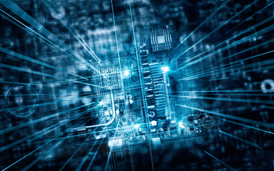 Electronic circuit board futuristic server code processing and abstract computer hardware technology mainboard, technology concept