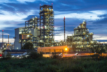 Petrochemical Plant, Oil Refinery Factory With Twilight