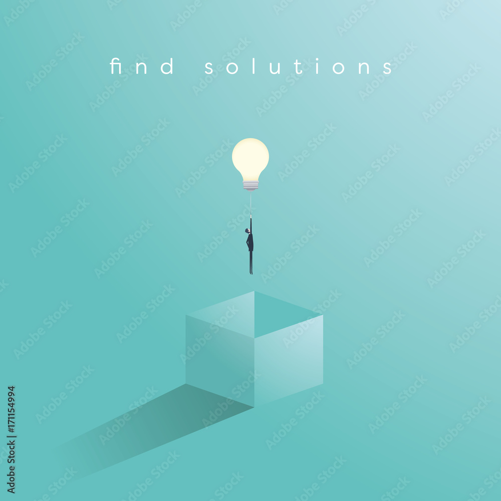 Think outside the box business concept vector with businessman having unieque creative idea for solution. Businessman flying with lightbulb. - obrazy, fototapety, plakaty 