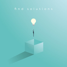Think Outside The Box Business Concept Vector With Businessman Having Unieque Creative Idea For Solution. Businessman Flying With Lightbulb.