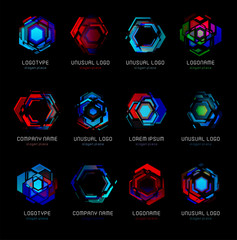 Aufkleber - Futuristic reactor abstract colorful vector logo template. Innovative technologies digital design effect logos set on black background.