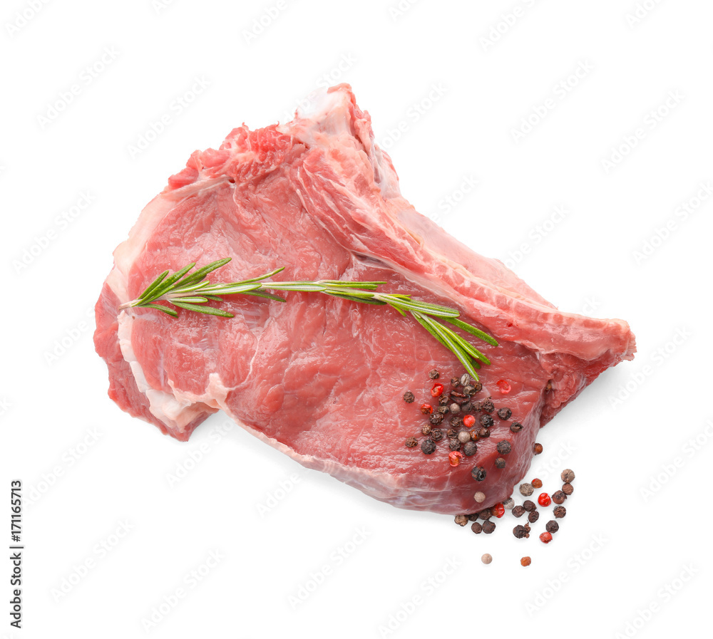 Fresh raw meat with rosemary on white background